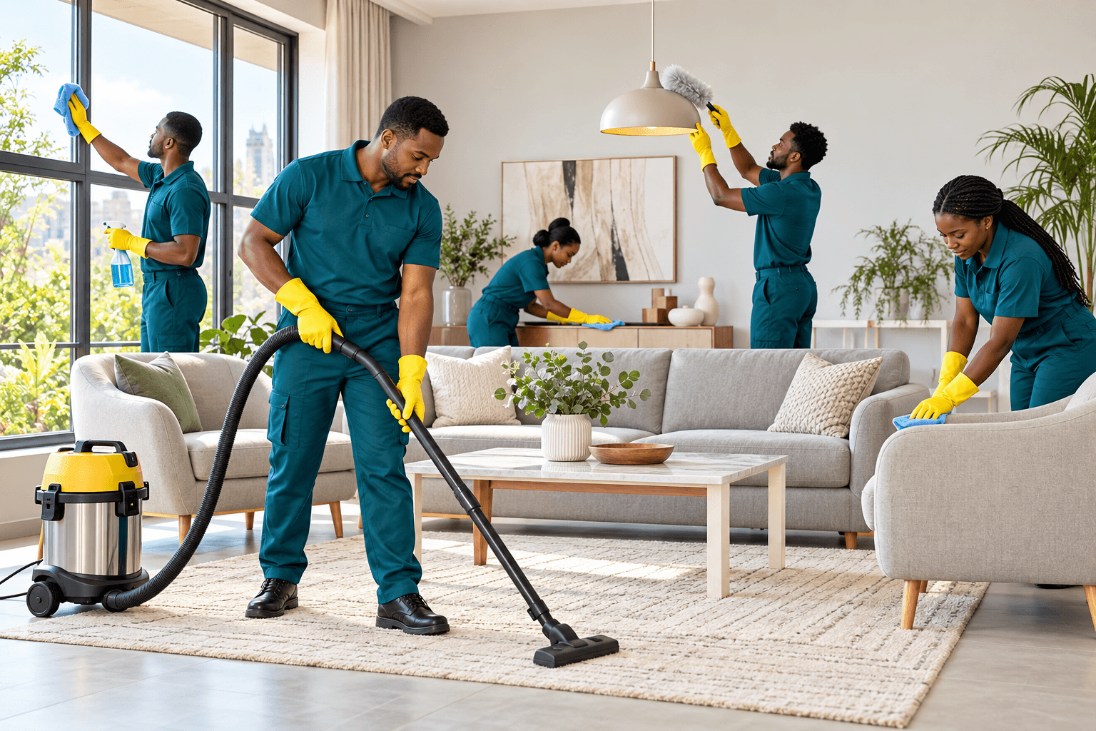 Cleaning staff vacuuming and wiping a bright interior